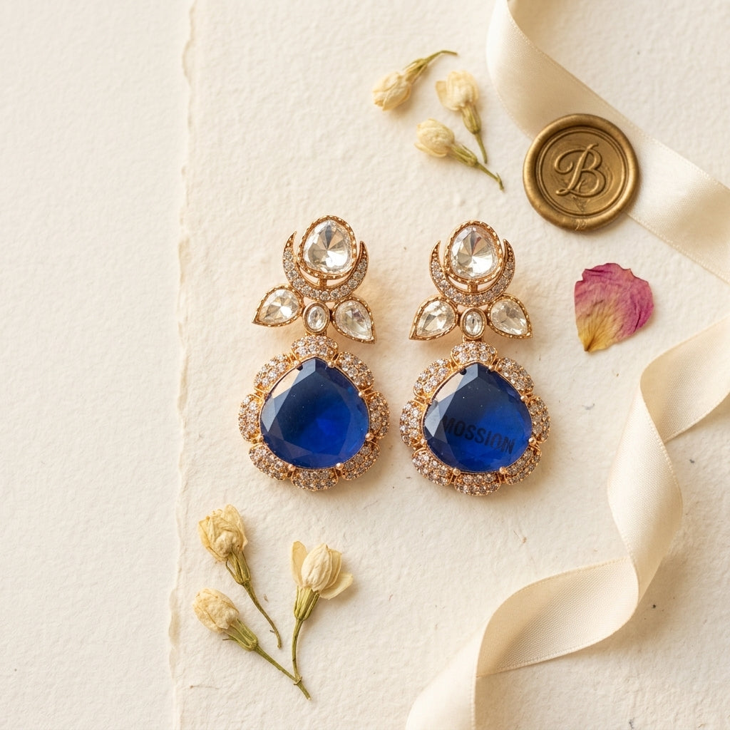Blue and Clear Polki-style Drop Earrings - Tabletop