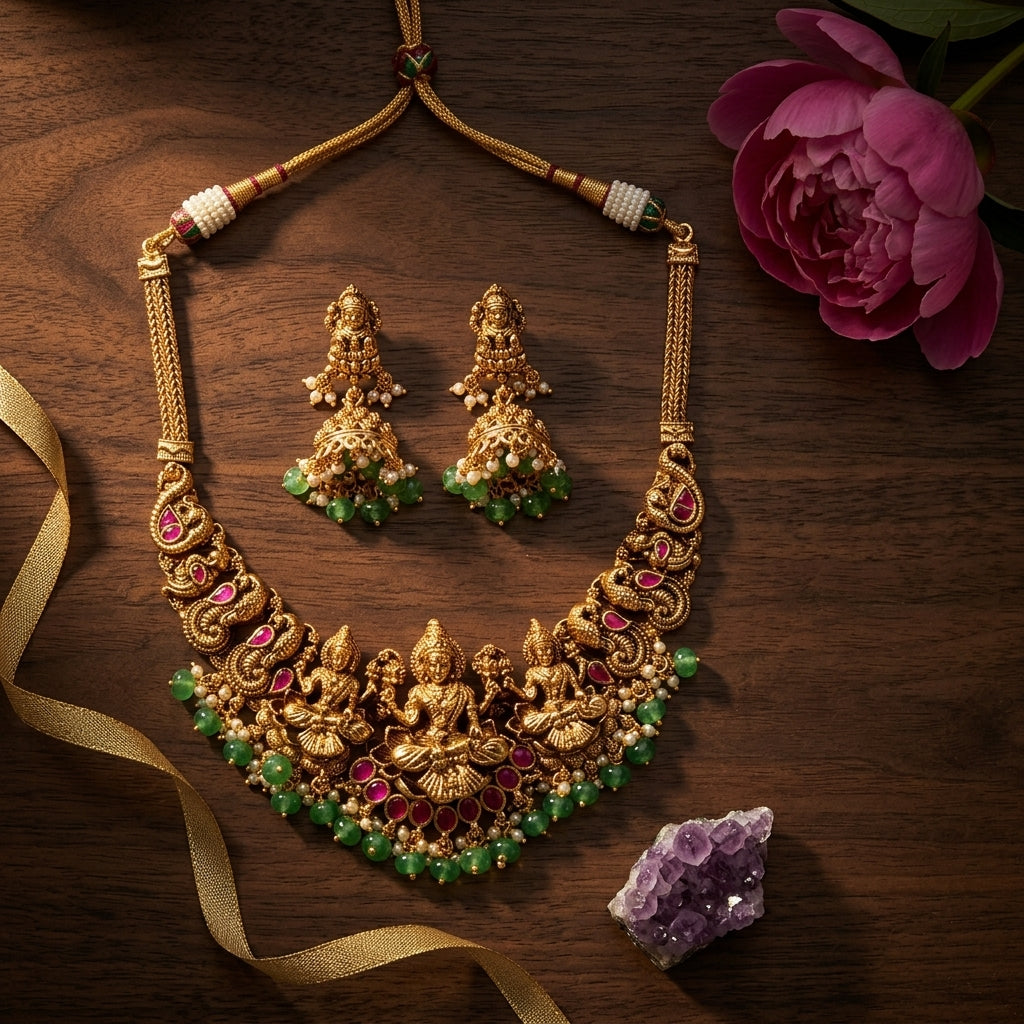 Multi Temple Deity Peacock Necklace Set - Tabletop