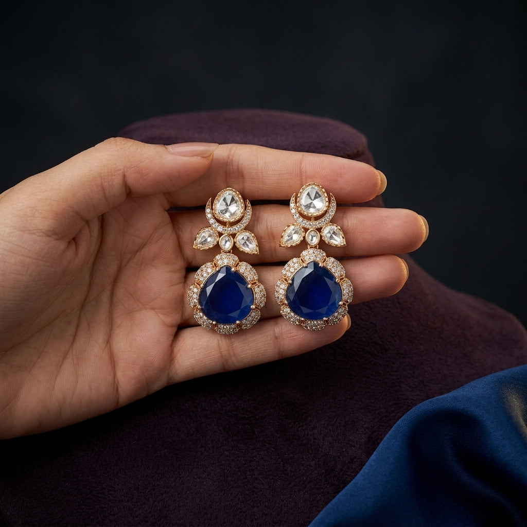 Blue and Clear Polki-style Drop Earrings - Mannequin