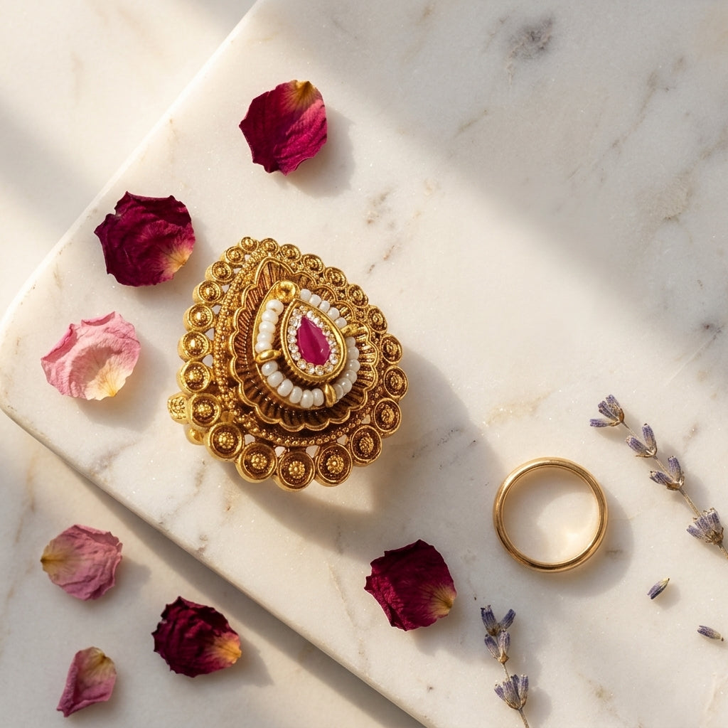 Ruby and White Intricate Floral Teardrop Ring - Tabletop
