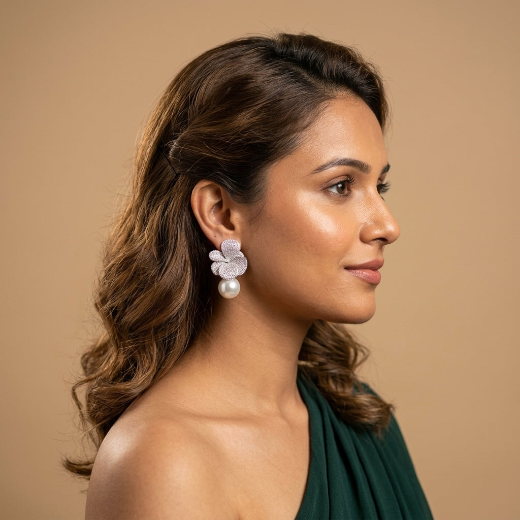 White Floral Cluster Earrings - Model