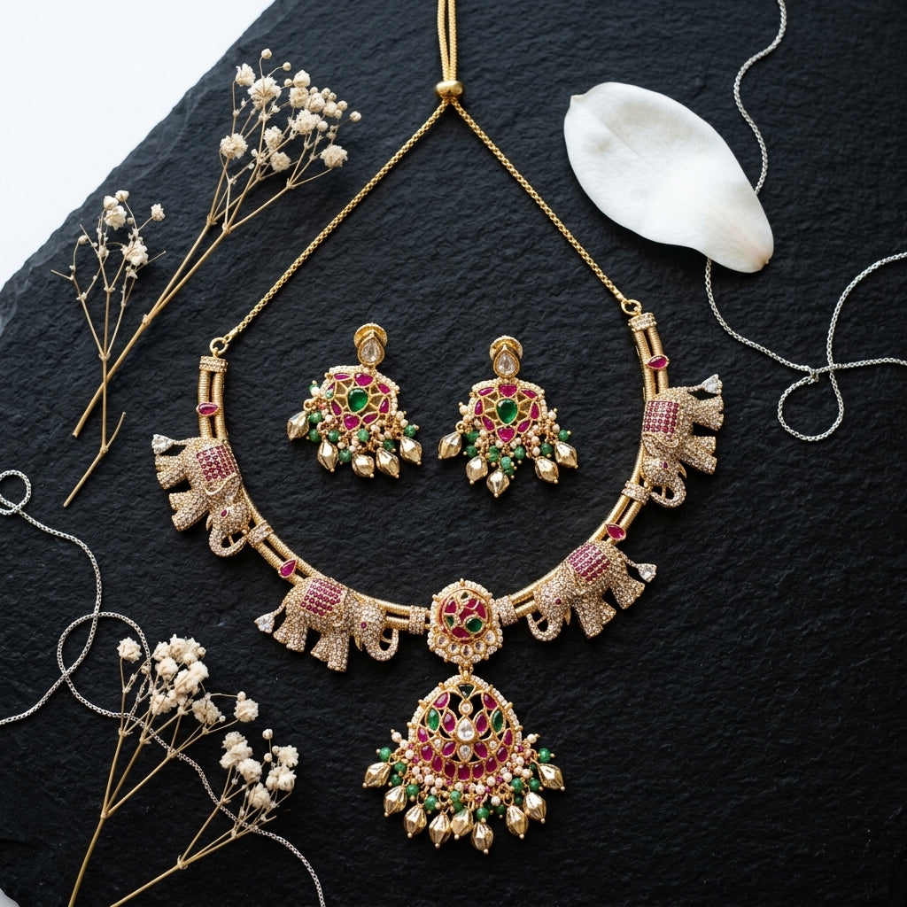 Multi Elephant Floral Necklace Set - Tabletop