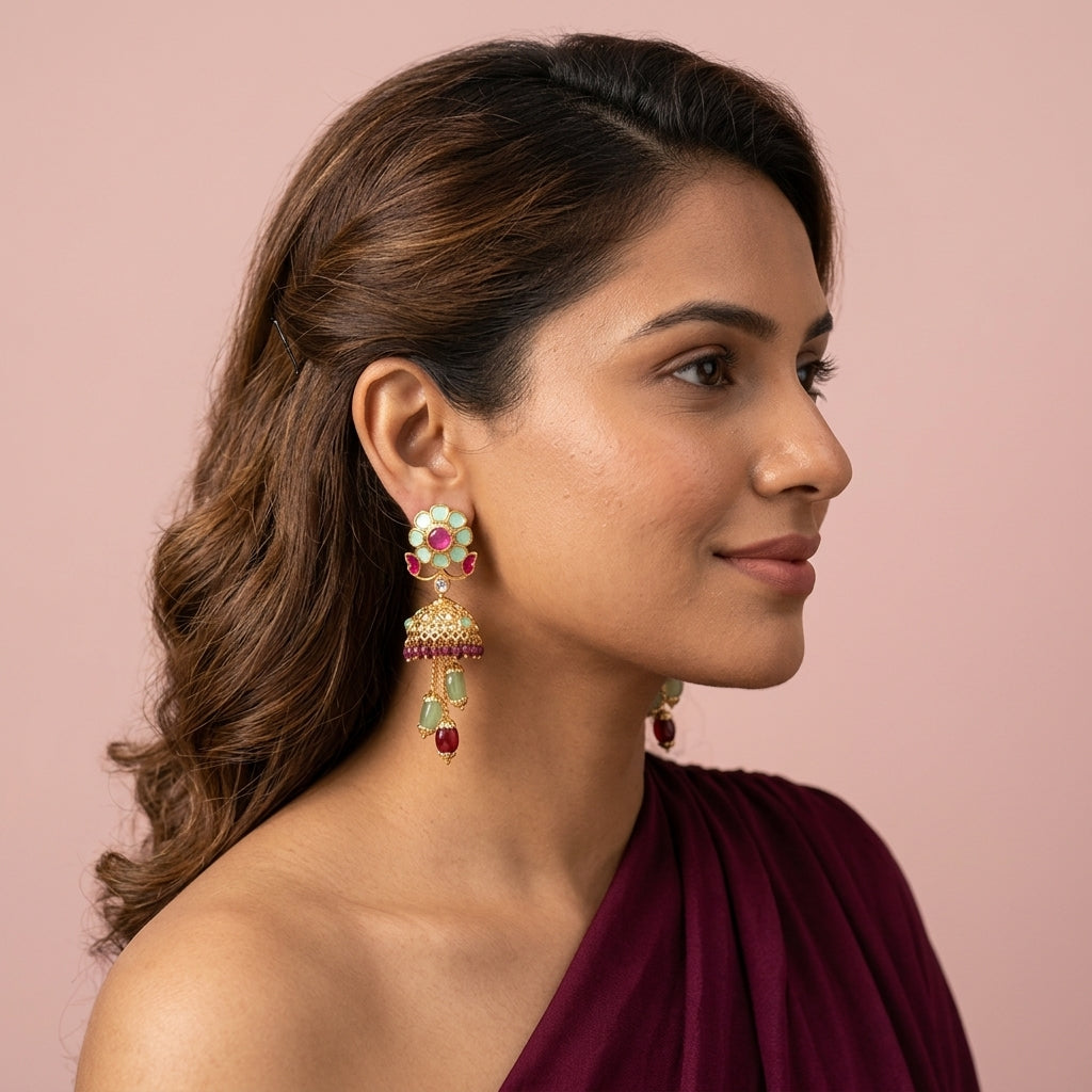 Multi Floral Motif Jhumka Pair - Model