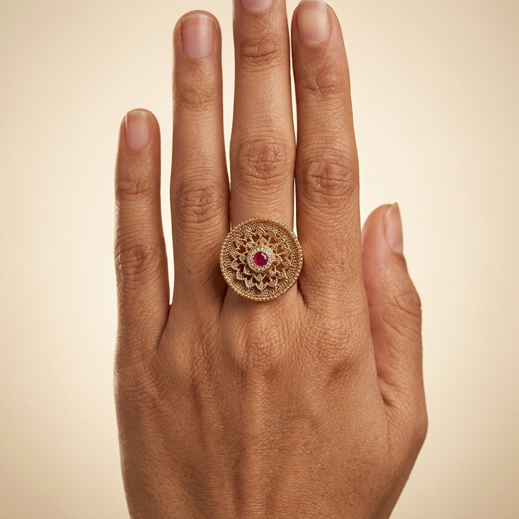 Ruby Red Floral Mandala Ring - Model