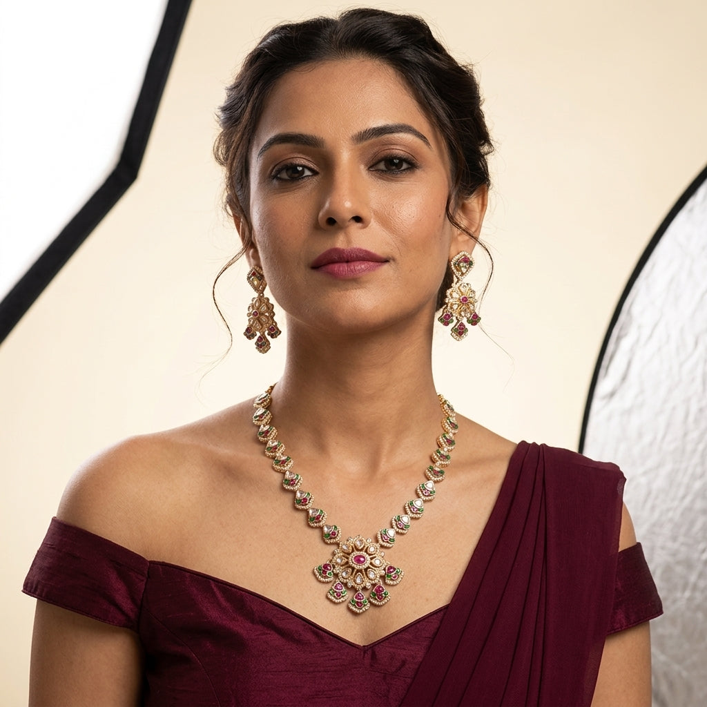 Ruby Green Floral Cluster Necklace Set - Model