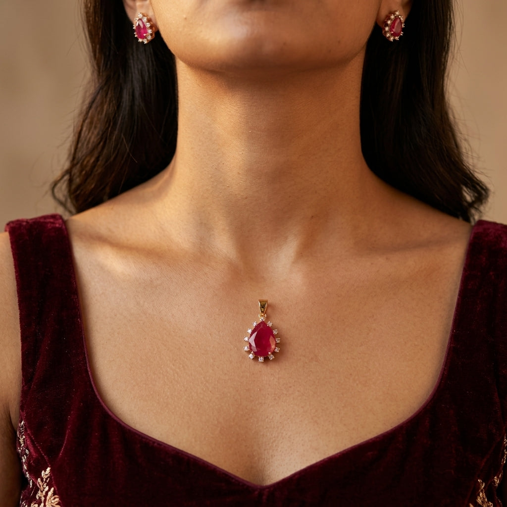 Ruby Teardrop Cluster Pendant Set - Model