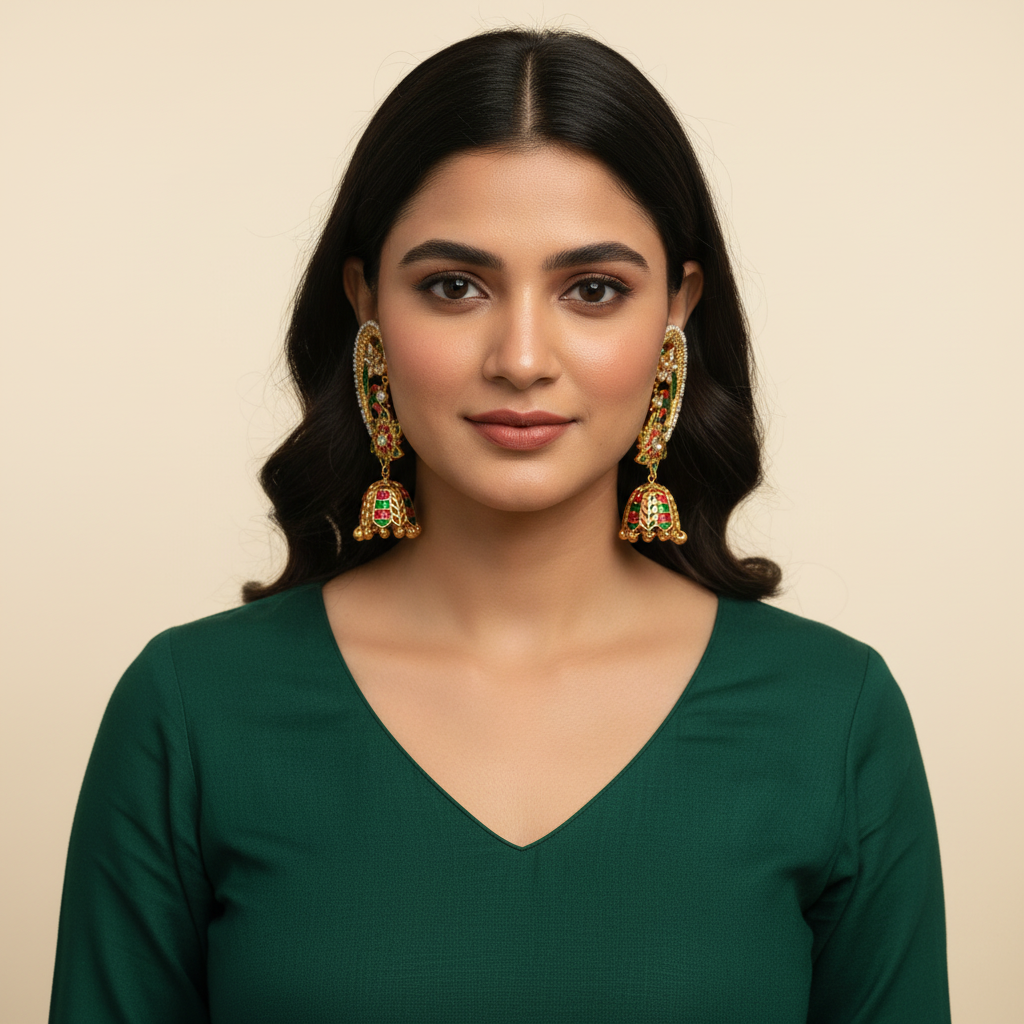 Ruby Green Floral Meenakari Jhumka - Model