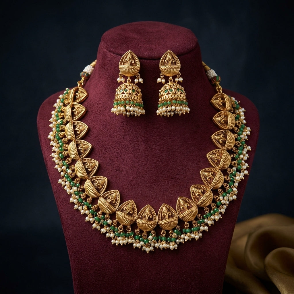 Green and White Stylized Kalash Necklace Set - Mannequin