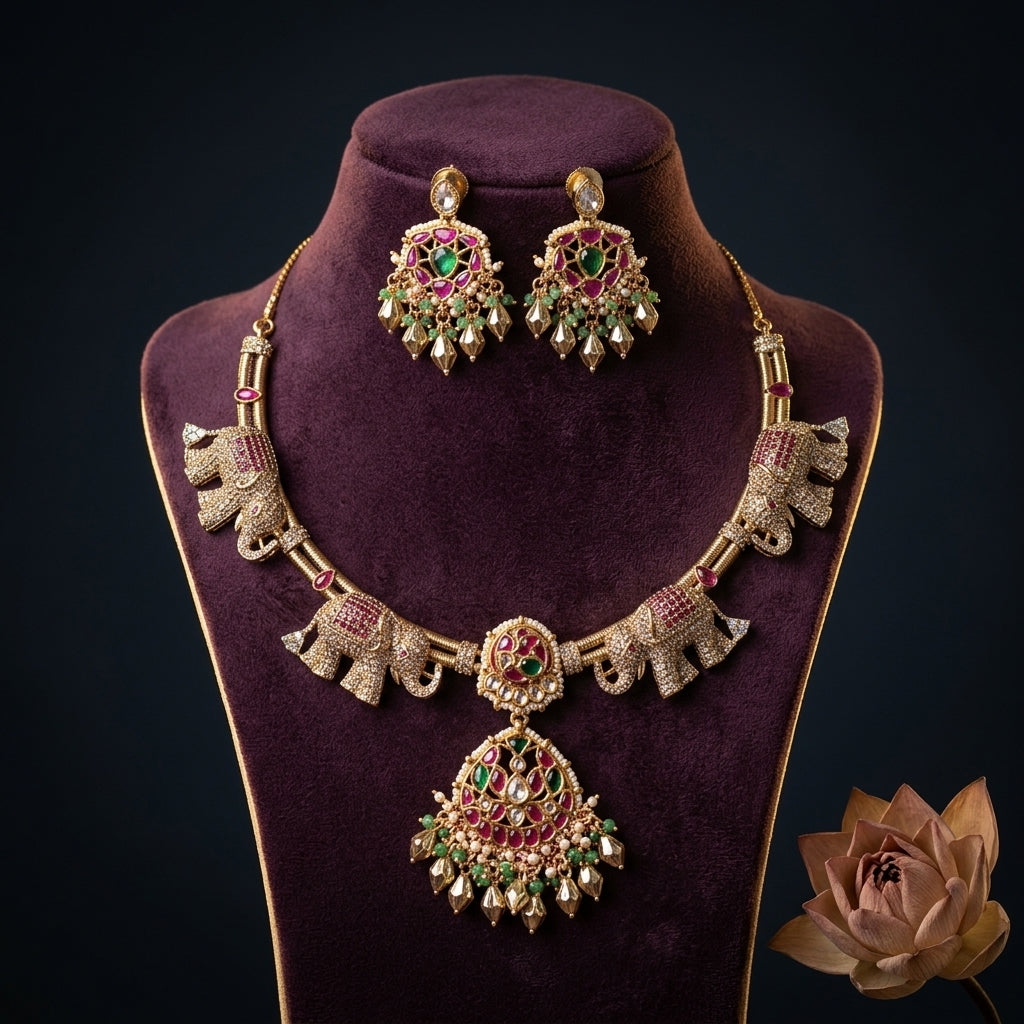 Multi Elephant Floral Necklace Set - Mannequin
