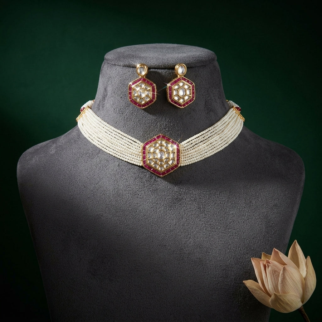 Ruby Red Heritage Kundan Choker Set - Mannequin