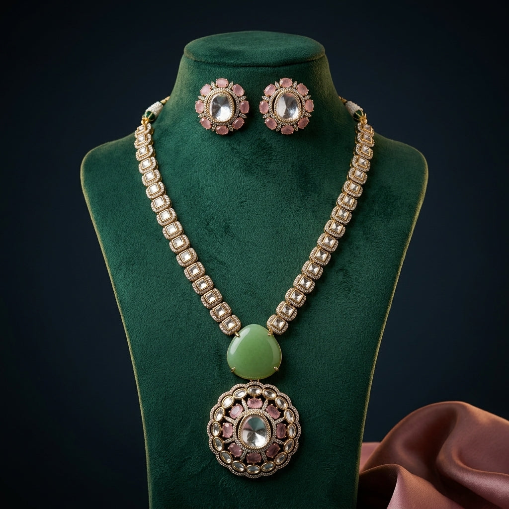 Pink and Green Geometric Cluster Necklace Set - Mannequin