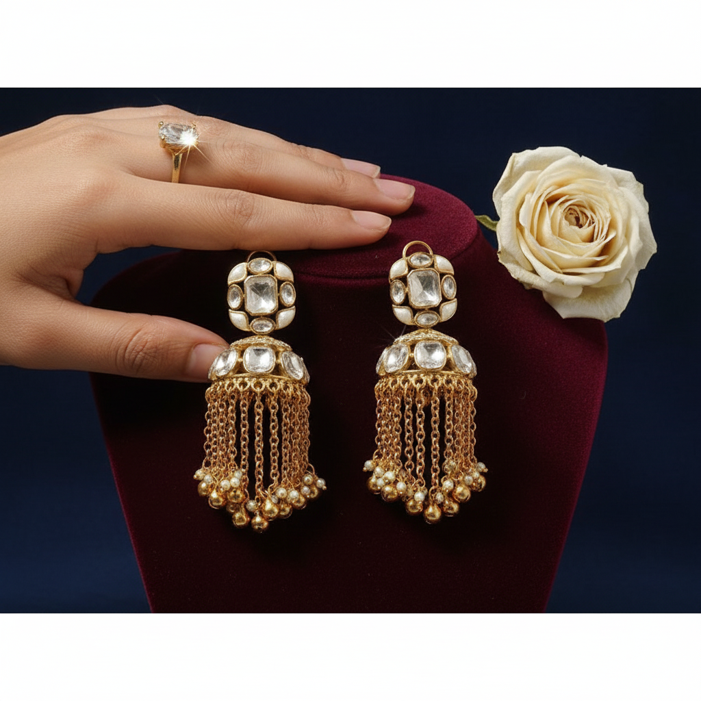Pearl White Heritage Kundan Jhumka Pair - Mannequin