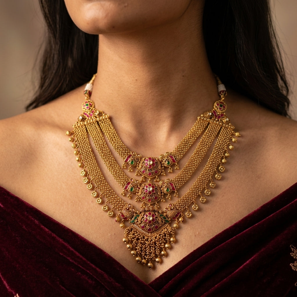 Ruby and Green Floral Antique Necklace Set - Model