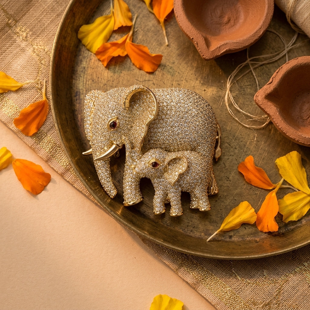 Clear and Red Elephant Family Brooch - Tabletop