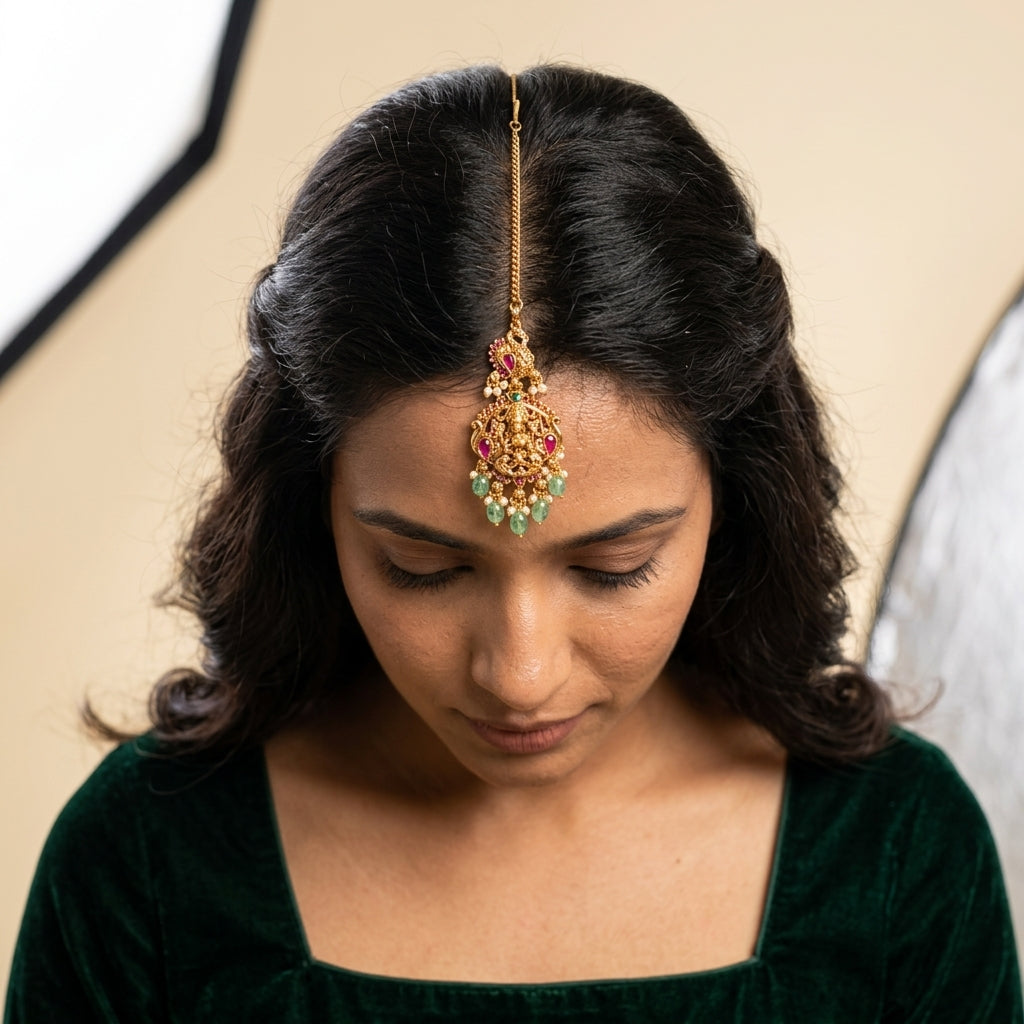 Ruby and Green Temple Peacock Maang Tikka - Model