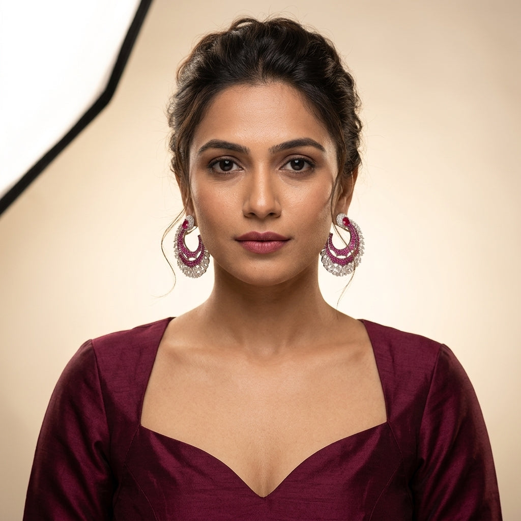 Ruby Red Rajwadi Floral Earrings - Model