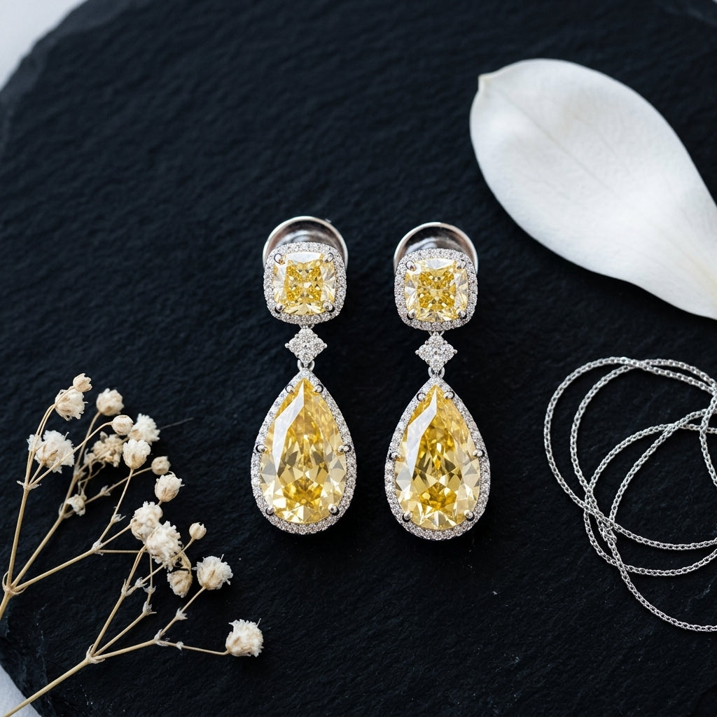 Yellow Cushion Pear Drop Earrings - Tabletop