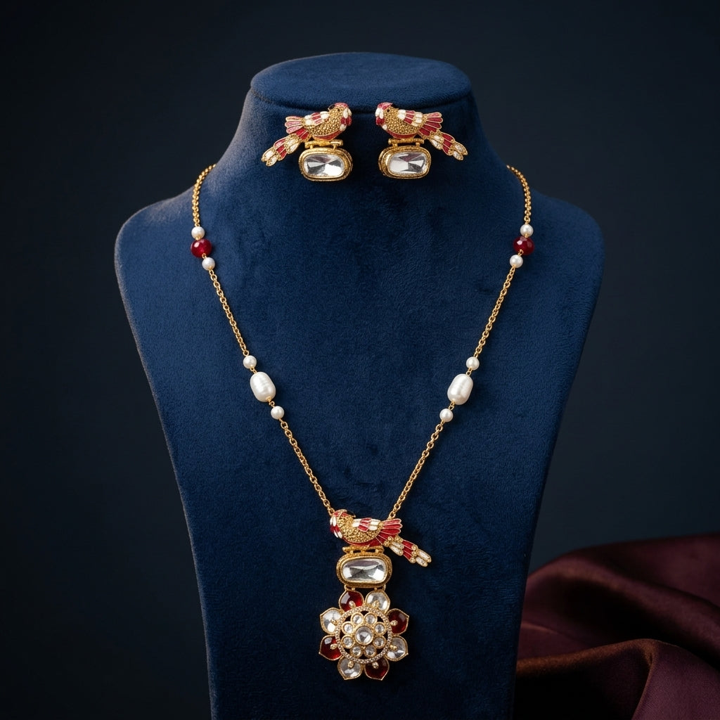 White and Red Bird Floral Necklace Set - Mannequin