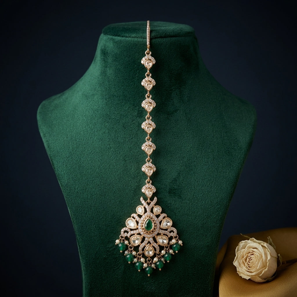 Green and Clear Floral Cluster Maang Tikka - Mannequin