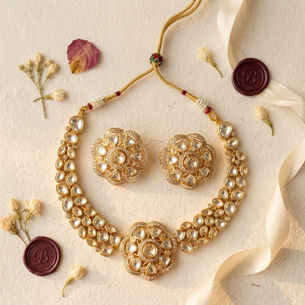 White Floral Cluster Necklace Set - Tabletop