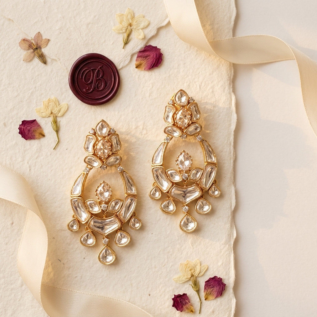 Clear Polki Cluster Drop Earrings - Tabletop