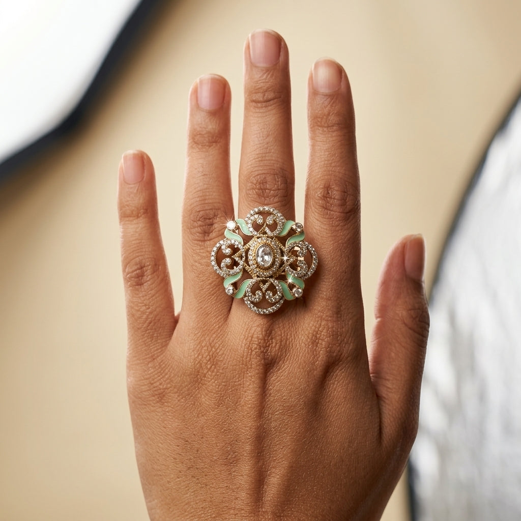 Clear and Mint Ornate Scroll Ring - Model