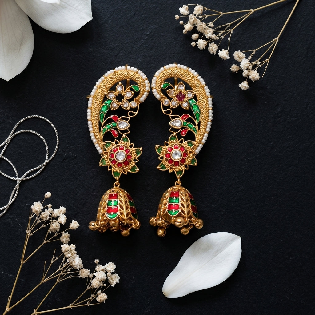 Ruby Green Floral Meenakari Jhumka - Tabletop