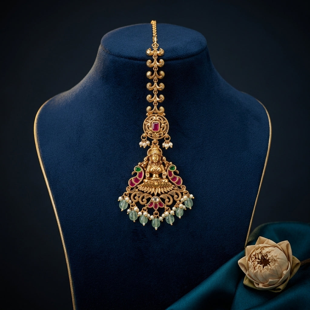 Ruby Green Temple Peacock Maang Tikka - Mannequin