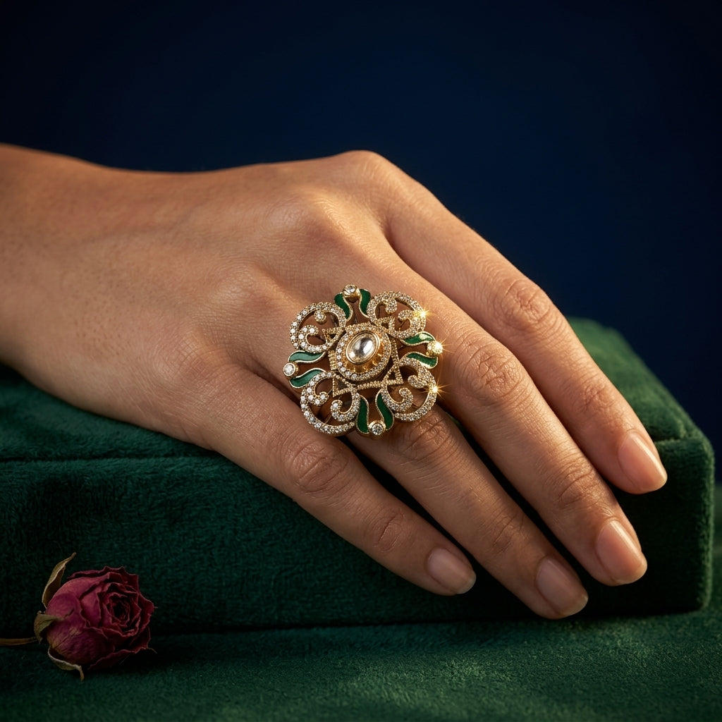 Clear and Green Floral Filigree Ring - Mannequin