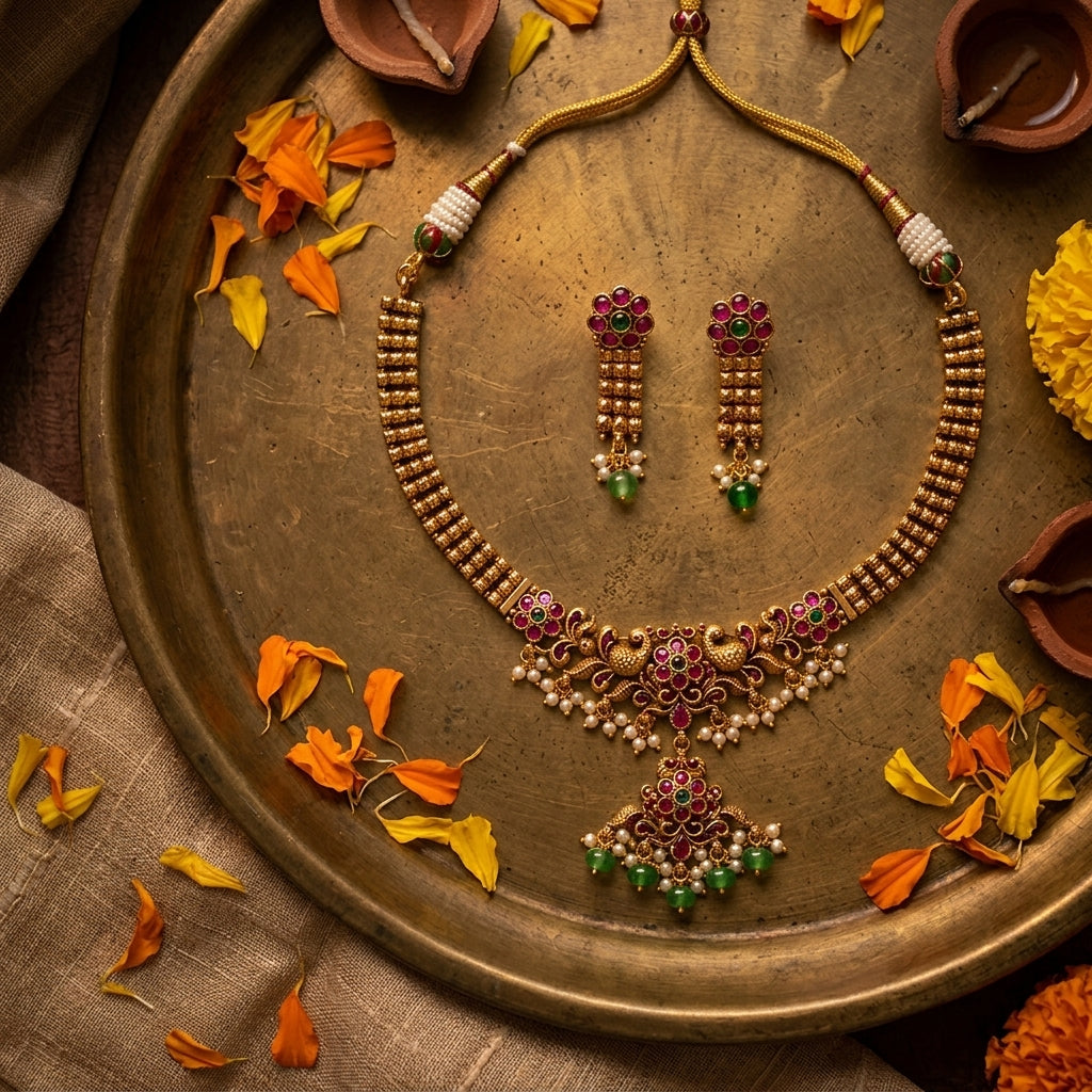 Multi Peacock Floral Necklace Set - Tabletop