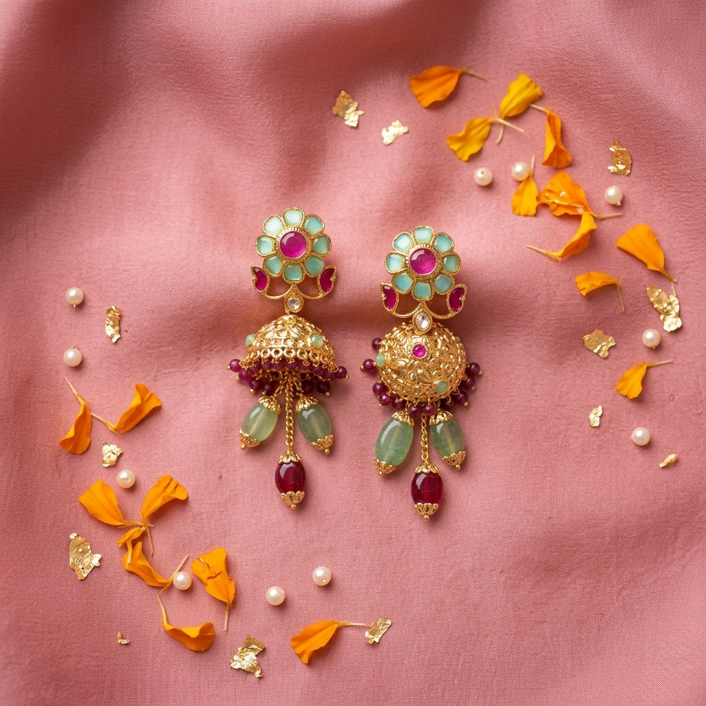 Multi Floral Motif Jhumka Pair - Tabletop