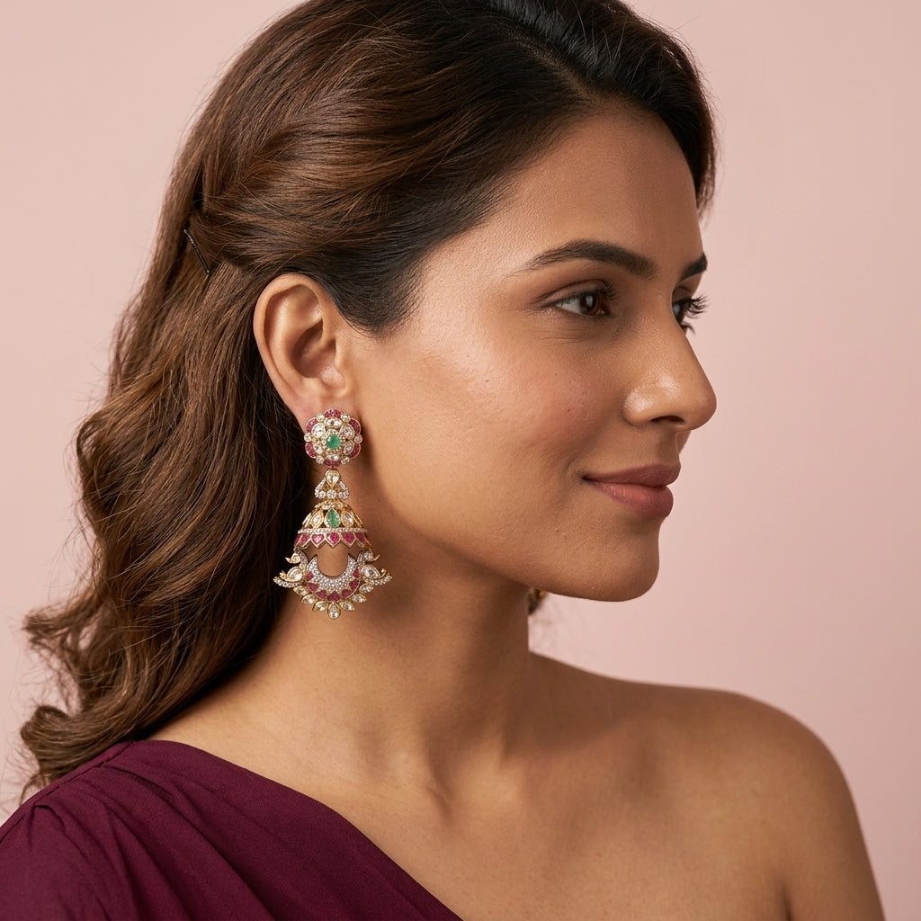 Multi Floral Jhumka Earrings - Model