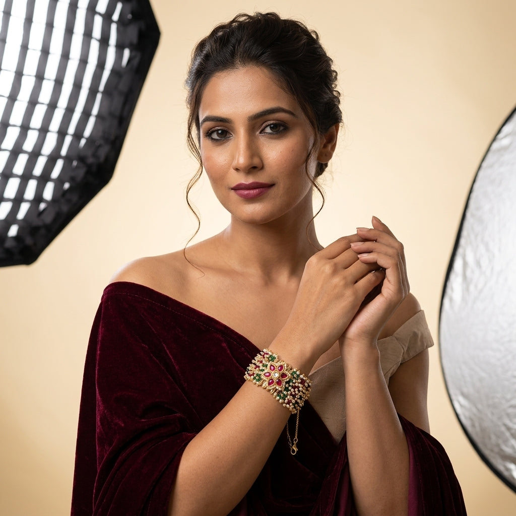 Multi Floral Kundan Bead Bracelet - Model