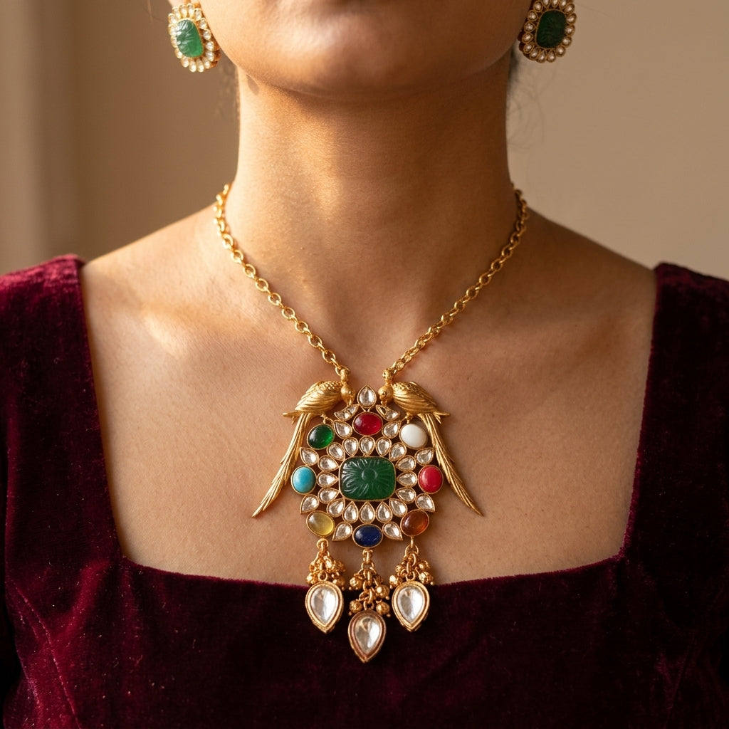 Green Parrot Carved Stone Necklace Set - Model