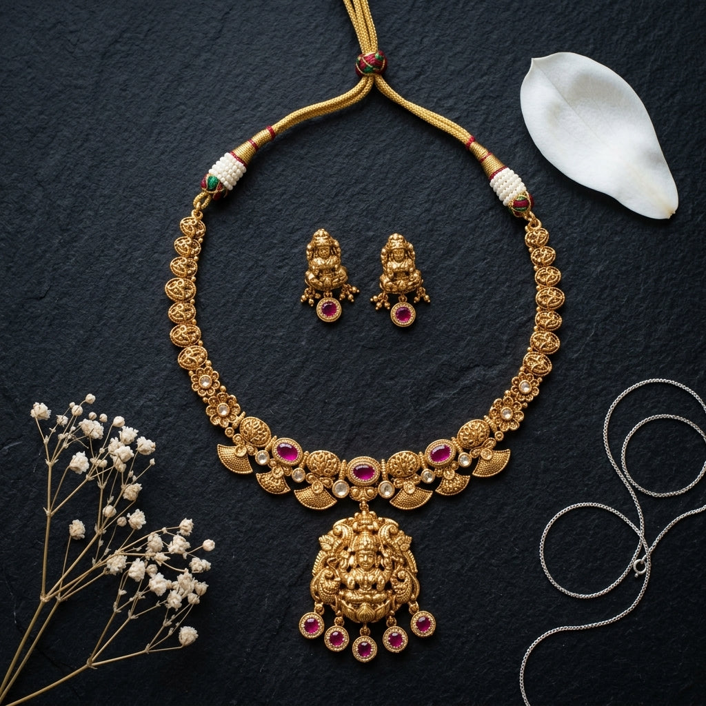 Ruby and Clear Temple Deity Necklace Set - Tabletop