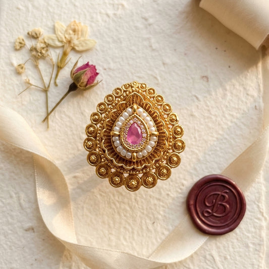 Pink and White Scalloped Teardrop Ring - Tabletop