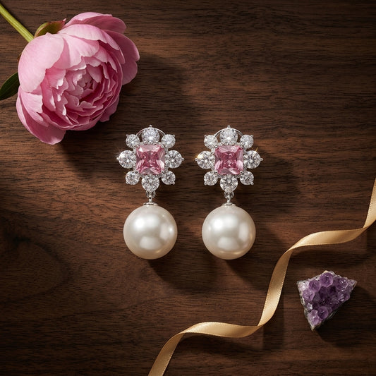 Pink White Floral Pearl Earrings - Tabletop