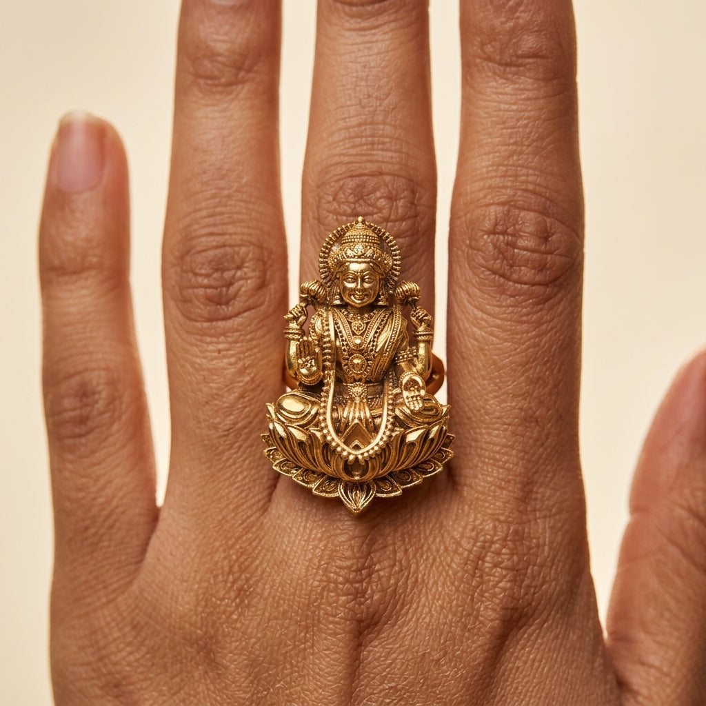 Gold Lakshmi Lotus Temple Ring - Model