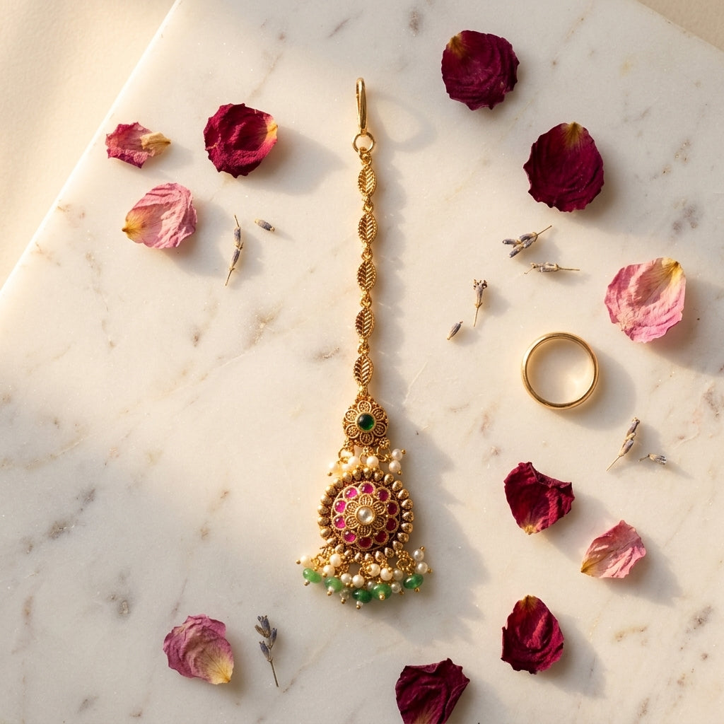 Ruby Green Floral Medallion Maang Tikka - Tabletop