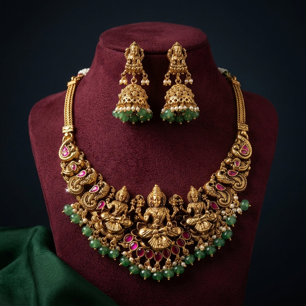 Multi Temple Deity Peacock Necklace Set - Mannequin