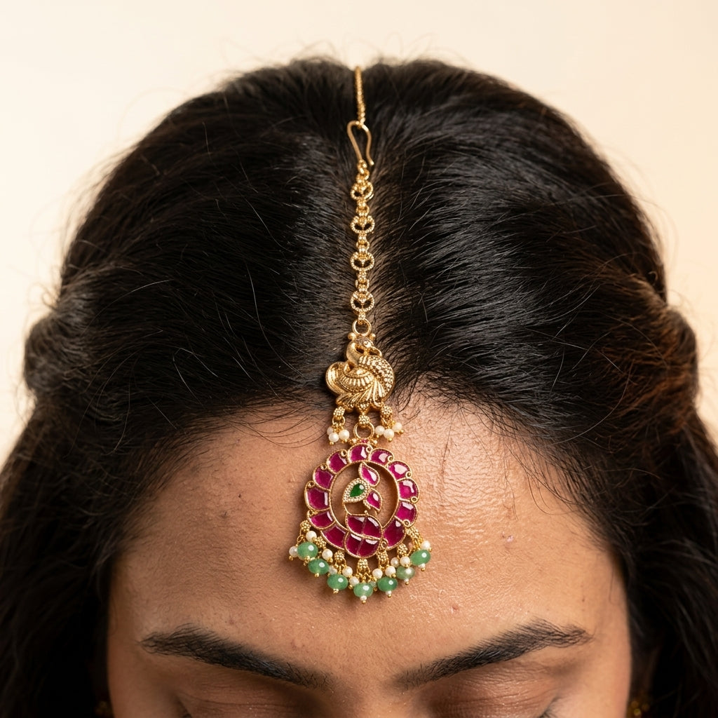 Ruby Green Peacock Floral Maang Tikka - Model