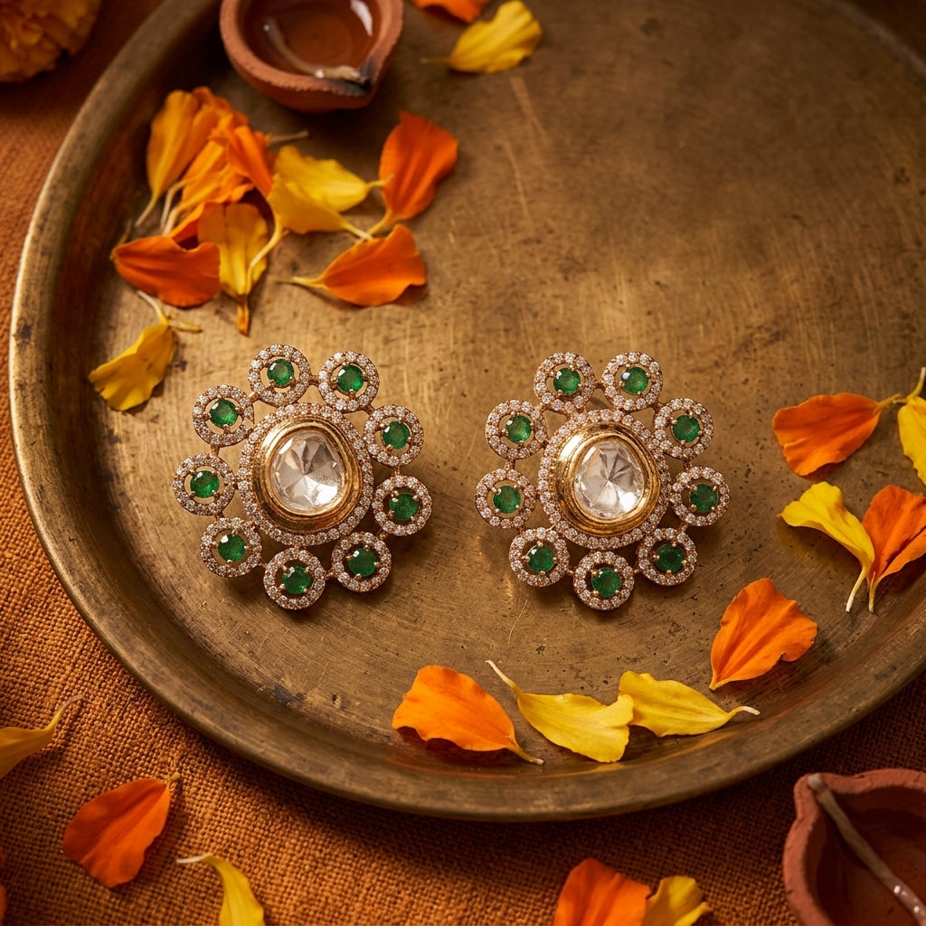 Green Floral Cluster Earrings - Tabletop
