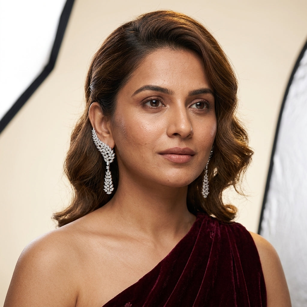 White Leaf Cluster Earcuff Earrings - Model