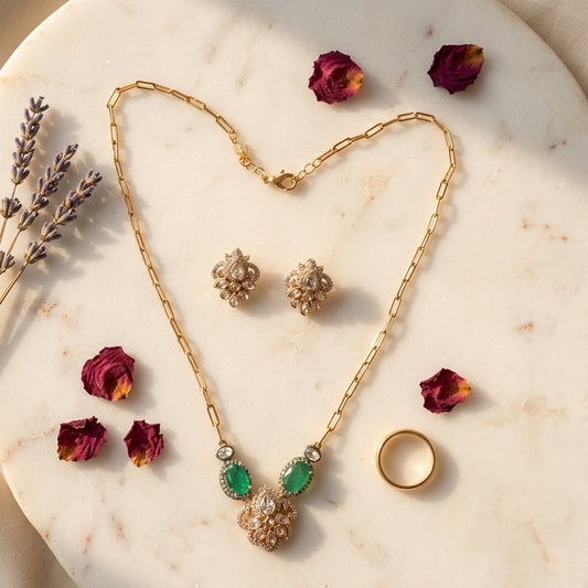 Green Floral Cluster Necklace Set - Tabletop
