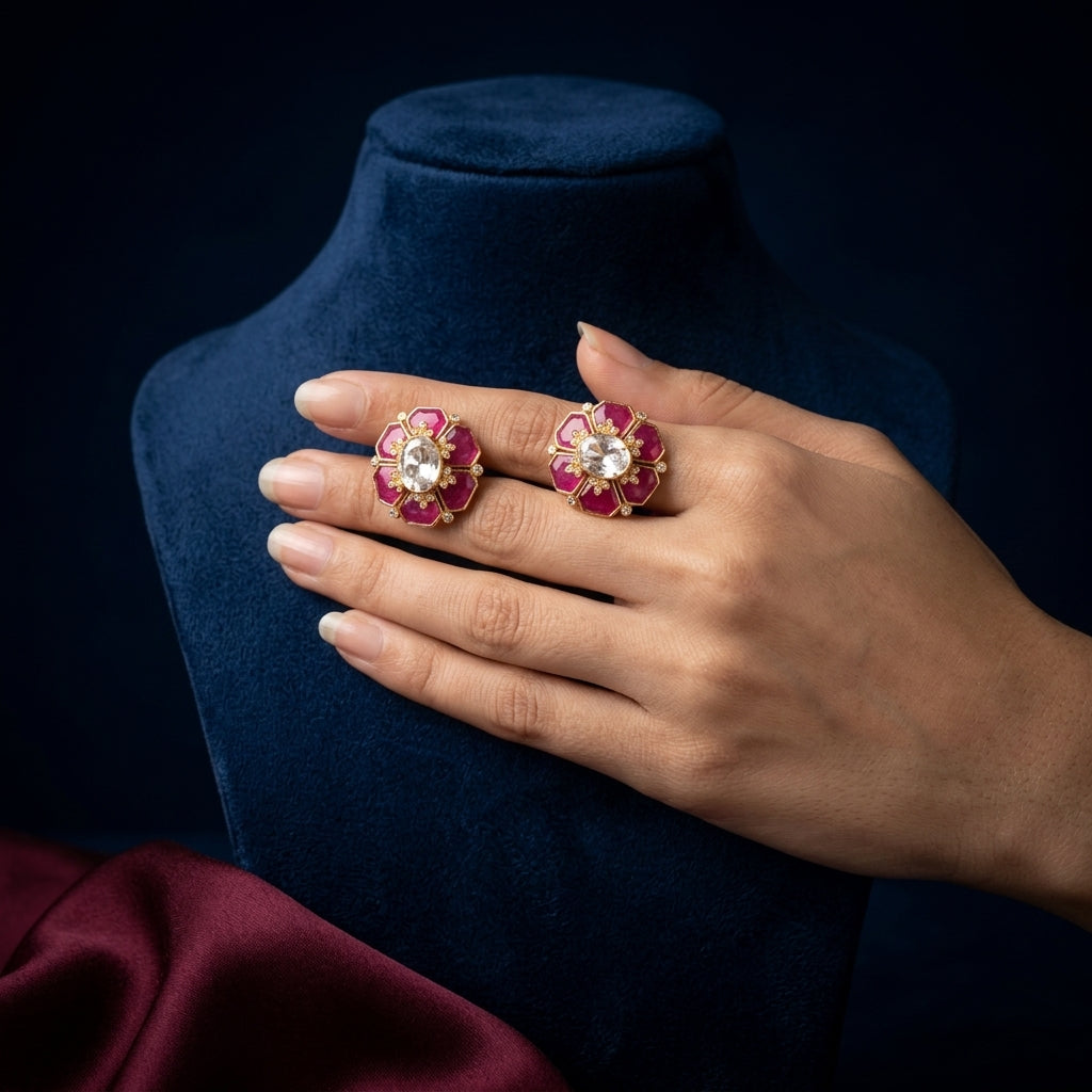 Ruby and Clear Octagonal Floral Earrings - Mannequin
