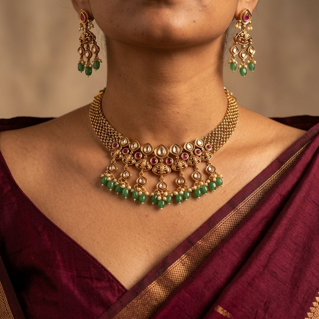 Multi Floral Kundan Necklace Set - Model
