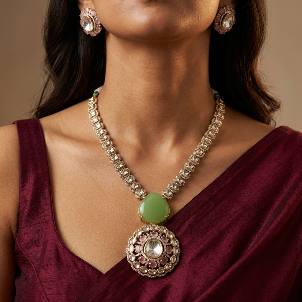Pink and Green Geometric Cluster Necklace Set - Model