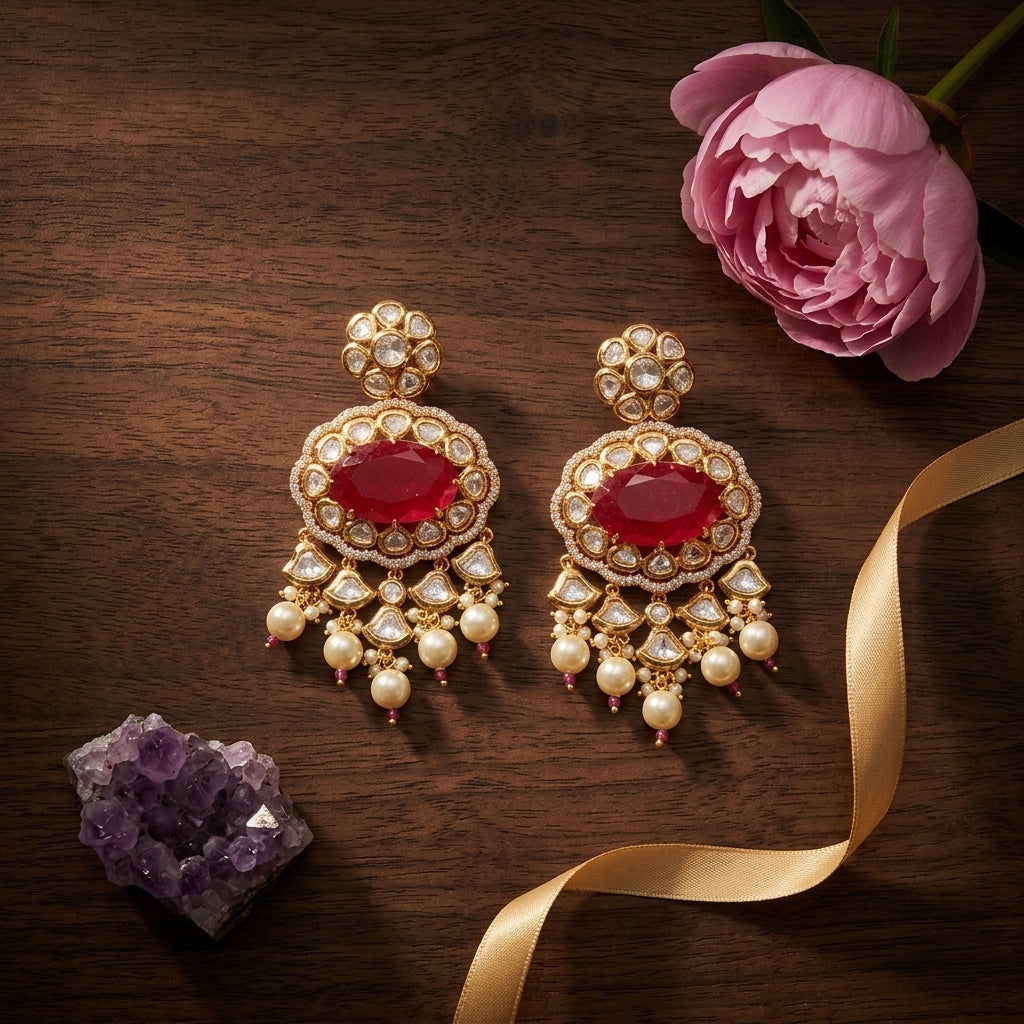 Ruby White Heritage Kundan Earrings - Tabletop