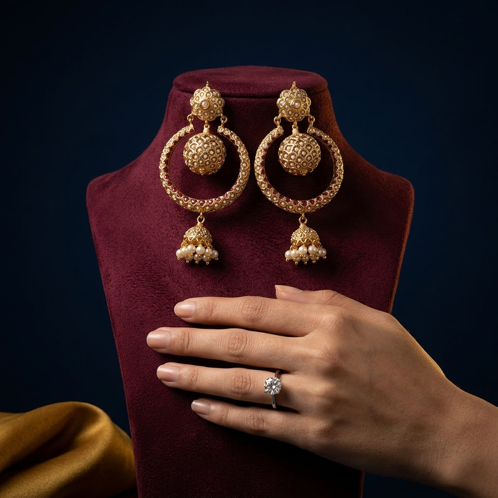 White Jadau Meenakari Jhumka - Mannequin