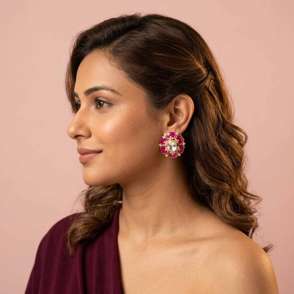 Ruby and Clear Octagonal Floral Earrings - Model